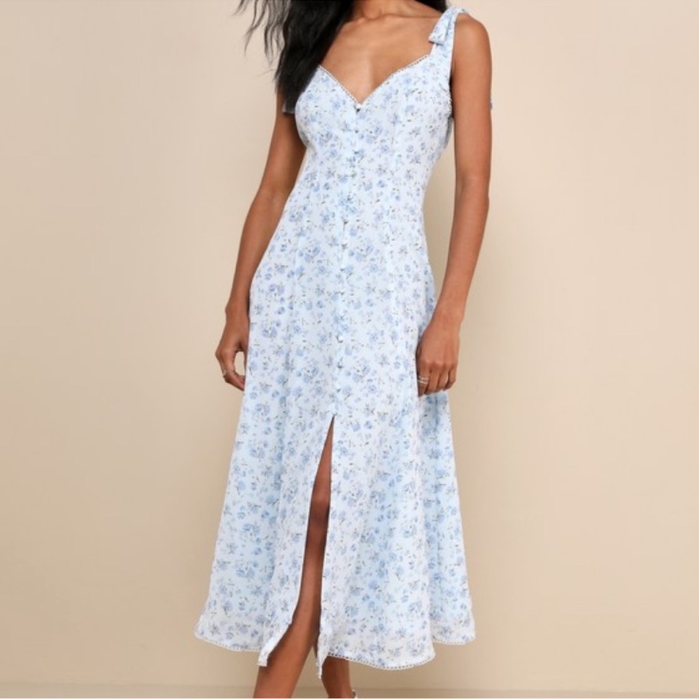 Lulu's Light Blue Floral Midi Dress with Front Slit